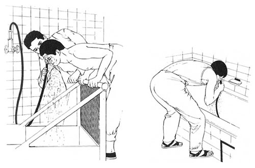 Kneipp: Gesichtsguß durch Bademeister (links) - Gesichsguß, Selbstausführung (rechts)